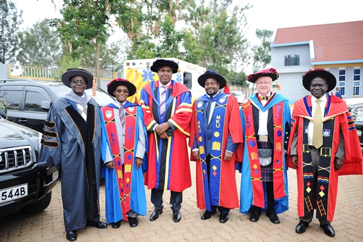 {L to R} Prof. David Serem (Chairman Council), Dr. Charles Mully (Graduation Guest Speaker), Prof. Simon Gicharu (MKU Chairman Board of Directors and Founder), Prof. Raymond Macharia (Graduation Chief Guest),Prof. John Struthers (Chancellor) and Prof. Stanley Waudo (MKU Vice-Chancellor) take a group photo to mark the 16th graduation 